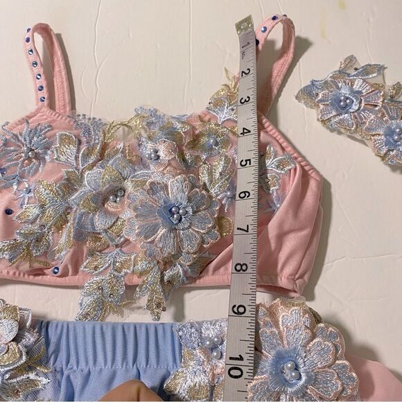 Glamour solo dance costume 2 piece blue pink embellished EUC LC child - Picture 10 of 14